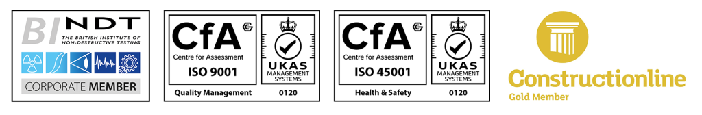 Accreditations: BINDT corporate member, CfA ISO 9001 Quality Management (UKAS), CfA ISO 45001 Health & Safety (UKAS), Constructionline Gold Member